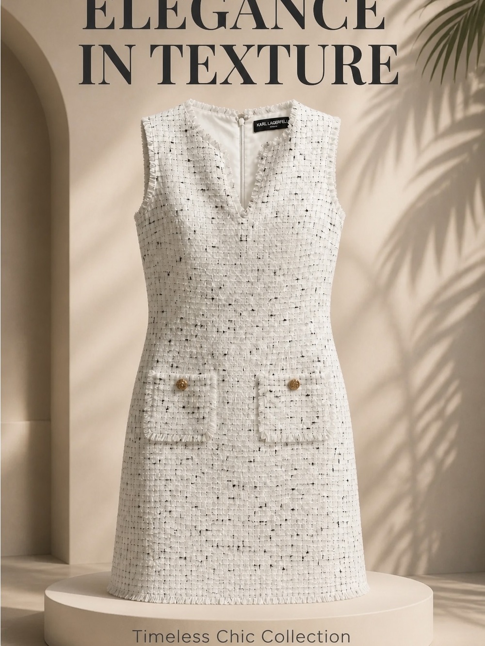 Karl Lagerfeld White Tweed V-Neck Sheath Dress with Gold Buttons